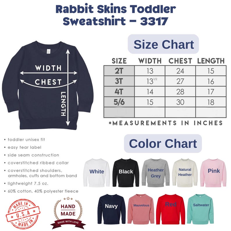 The image is a size chart for a rabbit skins toddler sweatshirt, showing measurements in inches and color charts for various sizes.