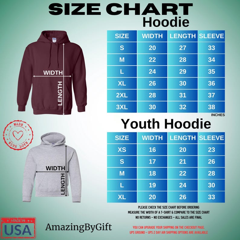 a hoodie size chart for a youth hoodie