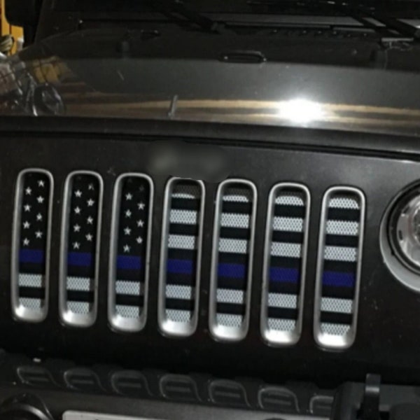 Steel Mesh Grill Insert Compatible with Wrangler JK JKU 2007-2018 - Thin Blue Line American Flag
