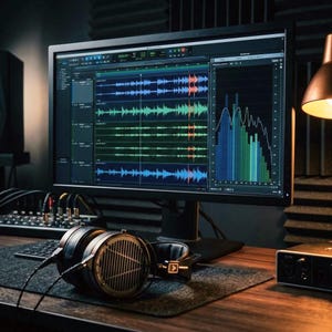 May include: A computer monitor displaying a digital audio workstation interface with colourful sound wave tracks and a frequency spectrum analyser, accompanied by a pair of black over-ear headphones with a circular vented metal grille design.