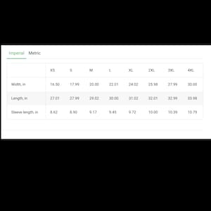 May include: Size chart showing measurements in inches for a garment in sizes XS through 4XL. Measurements include width, length, and sleeve length.