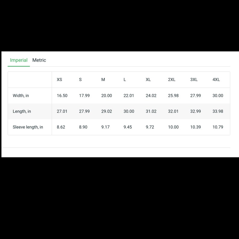 May include: Size chart showing measurements in inches for a garment in sizes XS through 4XL. Measurements include width, length, and sleeve length.