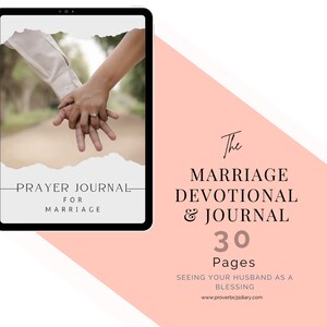 Op de afbeelding: Een digitale download van een 30 pagina's tellend gebedsjournaal en een devotionele bundel voor het huwelijk. De omslag toont een stel dat elkaars hand vasthoudt met de tekst "The Marriage Devotional & Journal" en "Zie je man als een zegen".