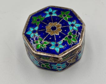 Vintage cloisonné enamel pill or trinket box with hexagonal floral design #J40