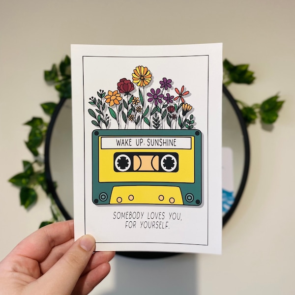 Wake Up, Sunshine | All Time Low | Retro Casette Tape Floral Line Art | Pop Punk Homeware and Wall Decor