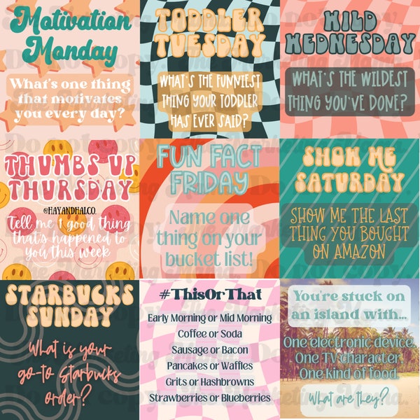 Small Business Social Media Retro & Bright Interactive Post Bundle, Engagement Posts, 9 Interactive Posts