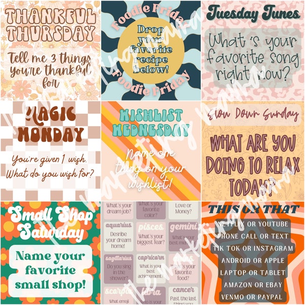 Small Business Social Media Retro & Bright Interactive Post Bundle Edition 2, Engagement Posts, 9 Interactive Posts