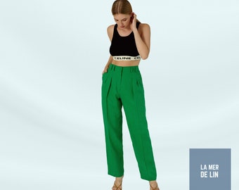 Green Linen Trousers | Loose Linen Pants | Women Linen Trousers | Palazzo Pants | High Waist Trousers With Pockets | Linen Clothing