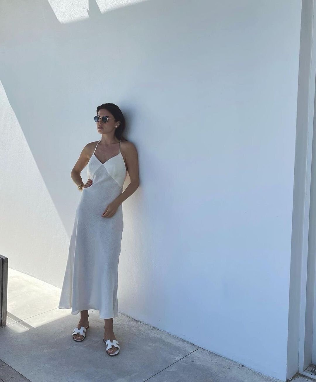 white linen spaghetti strap dress
