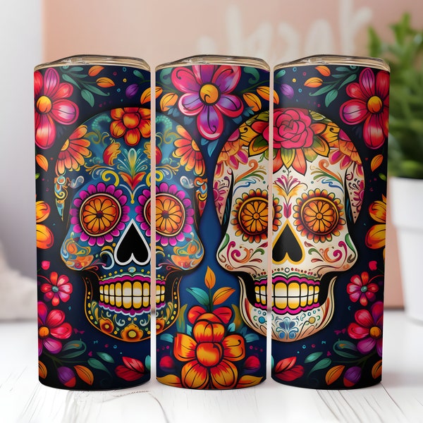 Sugarskull: Ein farbenfroher Tumbler für echte Lebensfreude! Totenkopf Los Muertos Sugarskull | Edelstahl | Personalisierbar | Mit Strohhalm