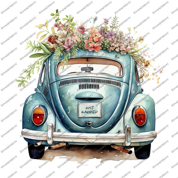 VW Beetle,Just Married PNG, Wedding Car,Prints, Mr & Mrs Watercolor Clipart, Wedding Sublimation Designs, Congratulations Card Design