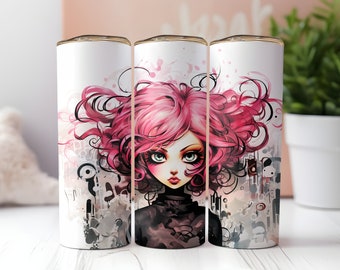 Frau mit Pinken Haaren - Doppelwandiger Edelstahl-Tumbler mit Strohhalm! | Edelstahl | Personalisierbar