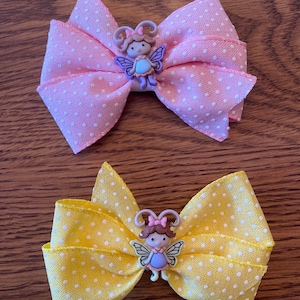 Pink / White Dotted with Girl Fairy Shank Button Hair Bow  - Perfect for Infant, Toddler, Girl, Child, Teen, or Adult
