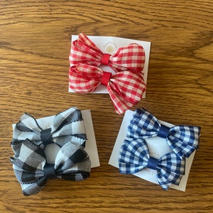 Red Black Blue White Checkered Plaid Pigtail Pony Tail Hair Bow Set of 2 - Perfect for Infant, Baby, Toddler, Girl, Child, Teen, or Adult.