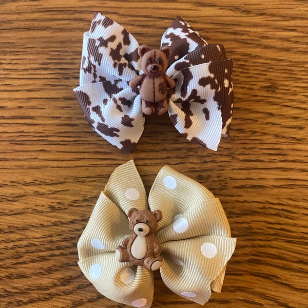 Teddy Bear Hair Bow - Brown Tan White Spotted  - Perfect for Baby, Infant, Toddler, Girl, Child, Teen, or Adult