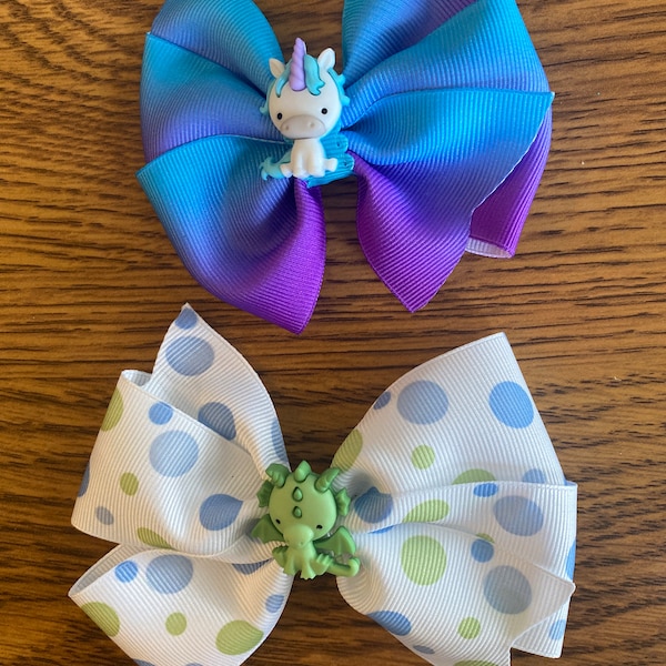 Friendly Dragon Hair Bows - Blue Purple Green Dotted  - Perfect for Baby, Toddler, Child, Girl, Teen, or Adult