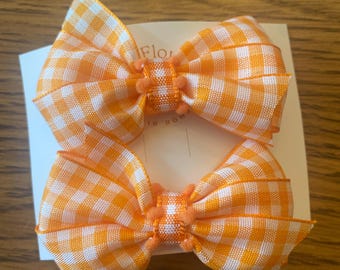 UT Tennessee Vols Orange White Checkered Volunteers Pigtail Hair Bows (Set of 2) - Perfect for Baby, Toddler, Child, Girl, Teen, or Adult