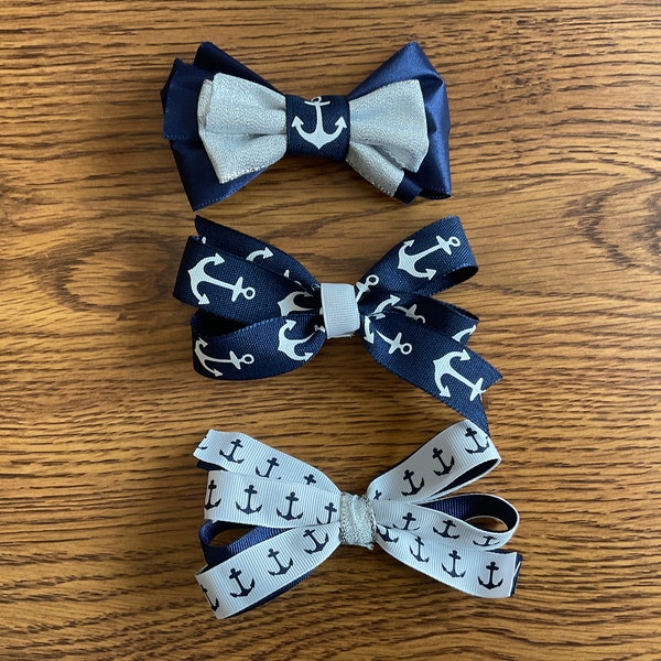 White Navy Silver Anchor Farragut Admirals Boating Hair Bow - Pony Tail Holder or Clip - Perfect for School Spirit Wear