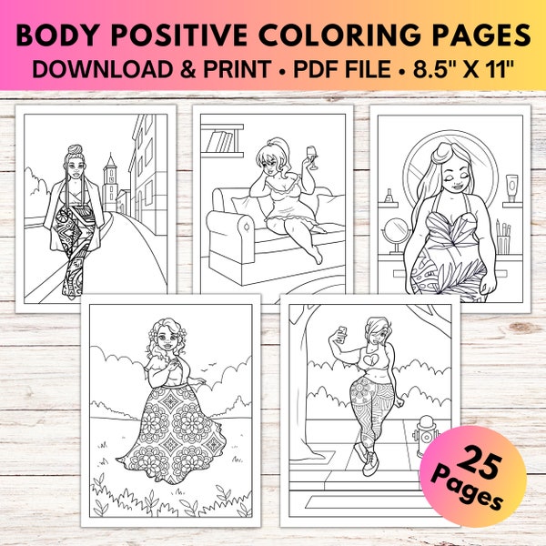 Body Positive Coloring Pages for Adults and Kids, PDF Coloring Book, Instant Download, Body Positivity Printable Coloring Sheets, Self Love