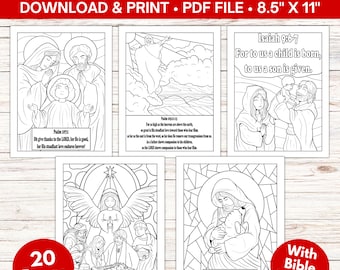 クリスマスのキリスト降誕の印刷可能なぬり絵、子供向けのキリスト教聖書の一節、クリスマスのぬり絵アクティビティ、日曜学校の工作