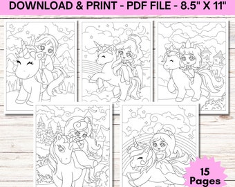 Puede incluir: Cinco páginas para colorear en blanco y negro con unicornios y princesas. Las páginas miden 21,6 cm x 27,9 cm y son archivos PDF descargables e imprimibles. La imagen también incluye el texto "UNICORN PRINCESS COLORING PAGES" y "15 Pages".