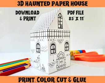 Haunted Paper House Template, 3D Paper Houses Printable, Halloween Kids Activity, Halloween Paper Craft for Kids Coloring, Instant Download