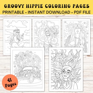 Hippie Coloring Pages for Kids and Adults, PDF Coloring Book Instant Download, Groovy Printable Coloring Sheets, Retro Party Favors