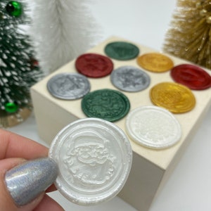Christmas Wax Seals - 10 Self-Adhesive Wax Seal Pack for Invitations, Santa Letters, and Holiday Cards - Red, Green, Silver, Gold, White