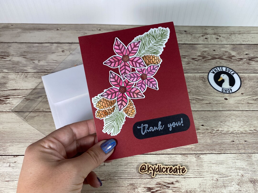 Handmade Greeting Cards - Thank You Card - Poinsettia and Pine Cones - Etsy