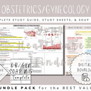 Puede incluir: Un paquete de descarga digital para guías de estudio de Obstetricia y Ginecología. El paquete incluye una guía de estudio, hojas de estudio y una plantilla de nota SOAP. La guía de estudio incluye información sobre el ciclo menstrual, la presentación y la posición del feto, y el tratamiento y las complicaciones. Las hojas de estudio cubren temas como la vaginosis bacteriana, y la plantilla de nota SOAP es una herramienta útil para documentar la atención al paciente.