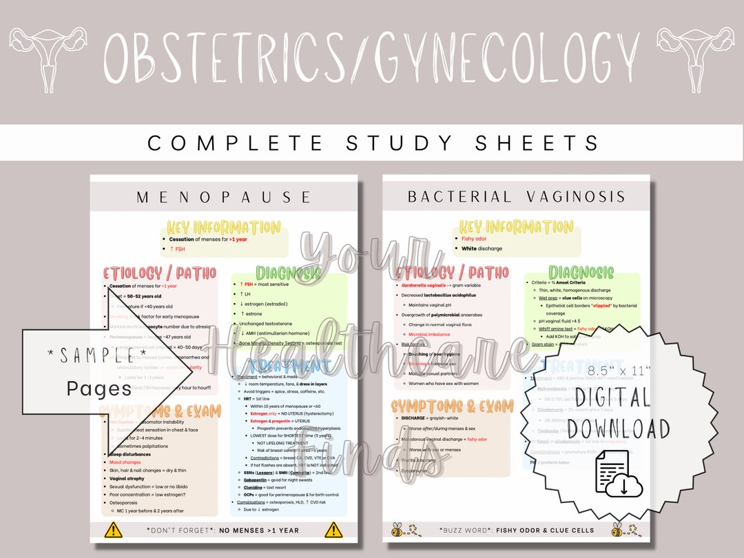 Obstetrics / Gynecology Complete Study Sheets | Study Guide | Physician ...