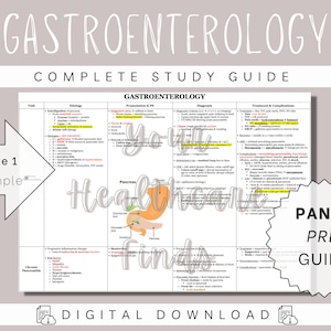 May include: A study guide for the PANCE exam, focusing on gastroenterology. The guide includes a diagram of the pancreas, stomach, and duodenum, along with text about the anatomy, physiology, and pathology of the digestive system. The guide is titled "Gastroenterology Complete Study Guide" and "PANCE Prep Guide".