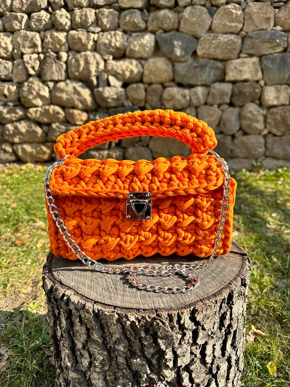 Orange Color Bag hand Woven Bag crochet Bag knitted Bag colorful