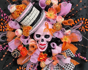 Halloween wreath front door wreat black and orange wreath  pink wreath with skeleton Halloween door hanger   wreath girly wreath mr bones