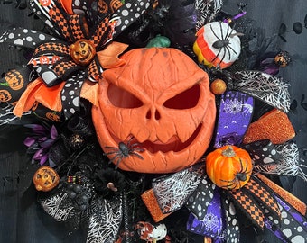 Halloween wreath for front door Halloween ribbon black and purple door hanger Witch Wreath Halloween Decor Witch hat wreath spooky wreath
