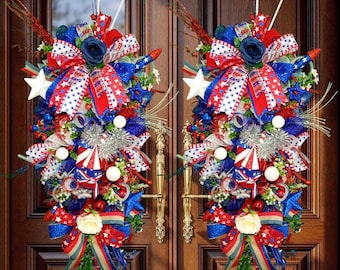 SET OF TWO Patriotic door Swag Red white and blue decor 4th of July  double door swag patriotic wreaths Independence memorial Veterans Day