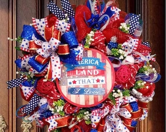Patriotic Deco Mesh Wreath, 4th of July Wreath, Red White and Blue Door Decor, Americana Wreath, Summer Patriotic Front Door Wreath