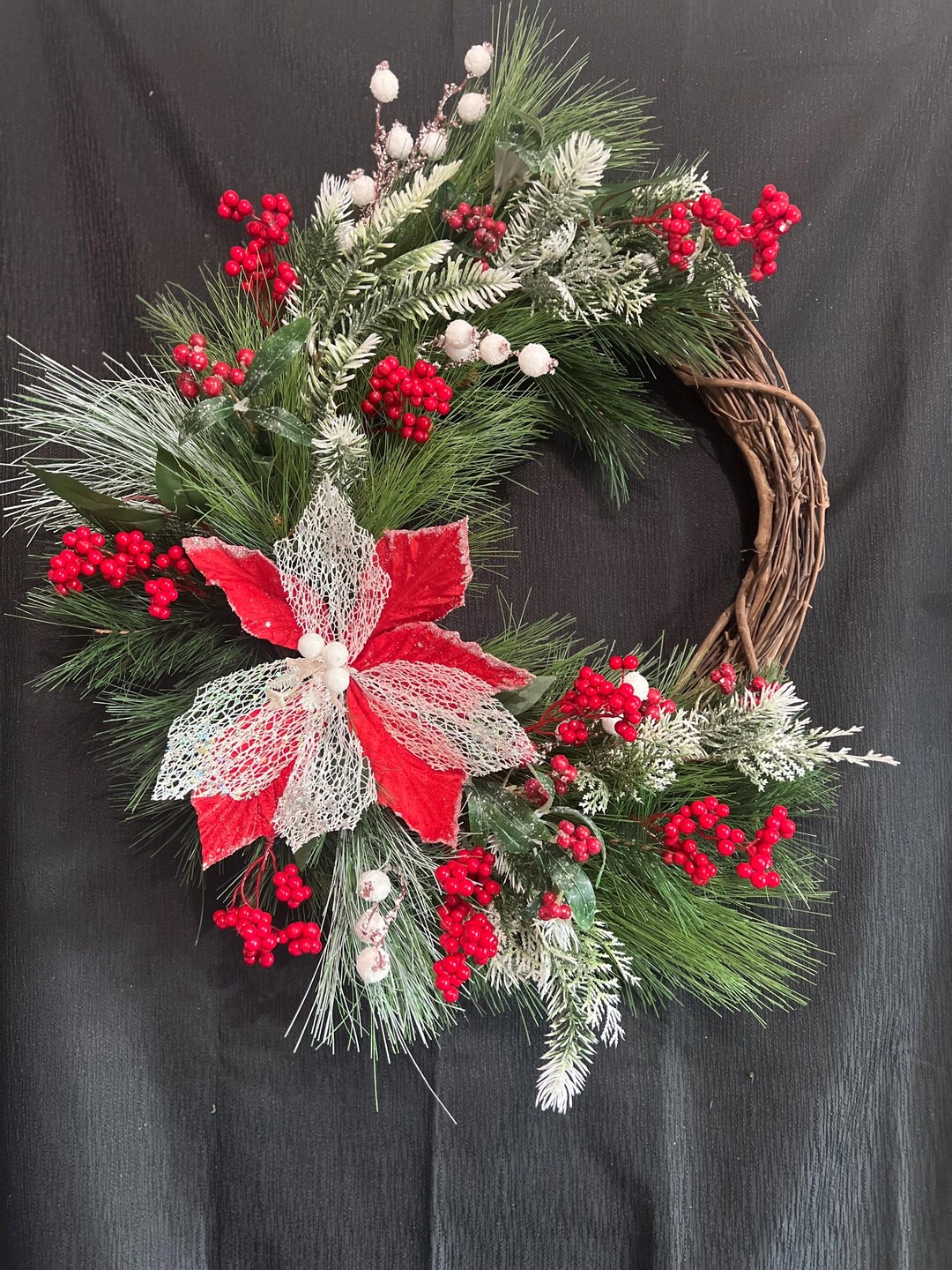 Elegant Red Poinsettia Wreath With Lush Red Berries Festive Holiday ...