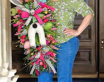 Large Easter Bunny Swag Wreath Pink and Green Spring Door Swag Vertical Easter Wreath Buffalo Check Ribbon Decor Front Door Spring Decor