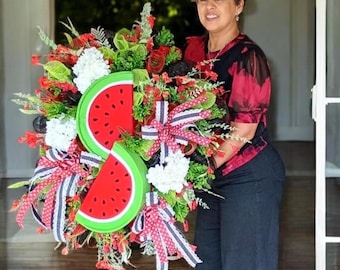 Spring Summer Wreath  Front Door watermelon Decor Red Green Summer Door Hanger Farmhouse swag  Spring Summer Porch Decor Mother’s Day gift
