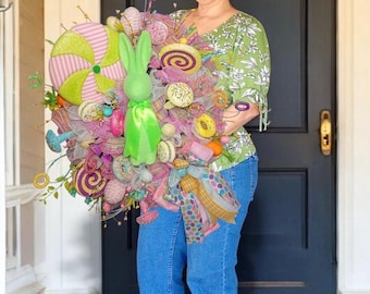 Large Easter Bunny Swag for Front Door Luxury Pink Spring Door Decor whimsical swag  Easter Wreath Bunny Porch Decor Pastel colors