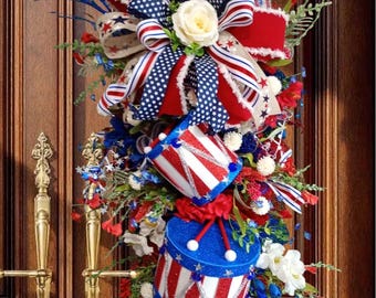 Luxury Patriotic Door Swag 4th of July Wreath  Americana Deco Mesh Swag Red White Blue Front Door Decor Memorial Day Independence Day
