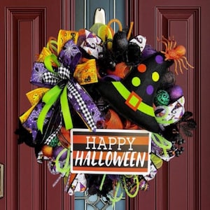 Halloween Wreath  Witch Hat Door Decor Colorful Front Door Wreath Spooky Cute Halloween Decoration whimsical wreath Fall Porch Deco black