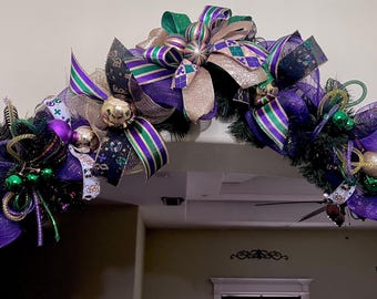 Mardi gras Garland front door Mardi gras decoration over the mantle garland purple and gold decor NOLA decor fat Tuesday decoration door