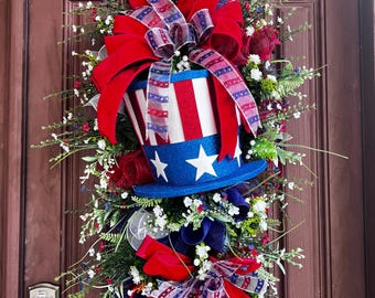 Patriotic decor door wreath double doors long fireworks swag,4th of July decor large door swag summer wreath fireworks wreath uncle Sam