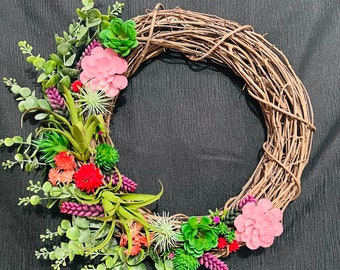 Artificial succulent wreath Beach wreath Cactus wreaths All seasons front door wreath Faux succulents wall decor mini succulent hanger