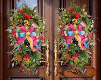 Luxury spring Door Swag, Colorful Spring Wreath Southwestern Cactus Floral Swag Cinco de Mayo Decor Bright Summer Door Hanger Designer