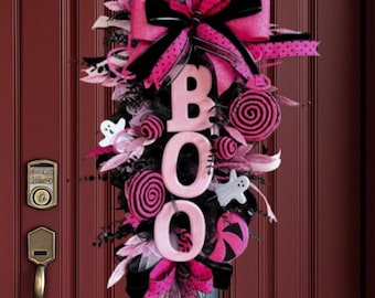 Pink Halloween Wreath BOO swag front door Hanger Girly Halloween Decor  Pink and Black Wreath  elegant Halloween Decoration porch