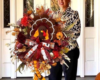 XL Turkey Thanksgiving Door Hanger Fall Turkey Wreath Autumn Front Door Decor Harvest Wreath Pumpkin Door Hanger Rustic Farmhouse Decor