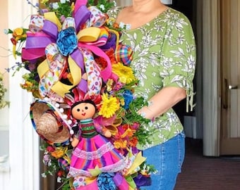Cinco de Mayo Door Swag Fiesta Wreath Mexican Doll Door Hanger Colorful Spring Front Door Decor  Mexican Fiesta Porch Decoration farmhouse